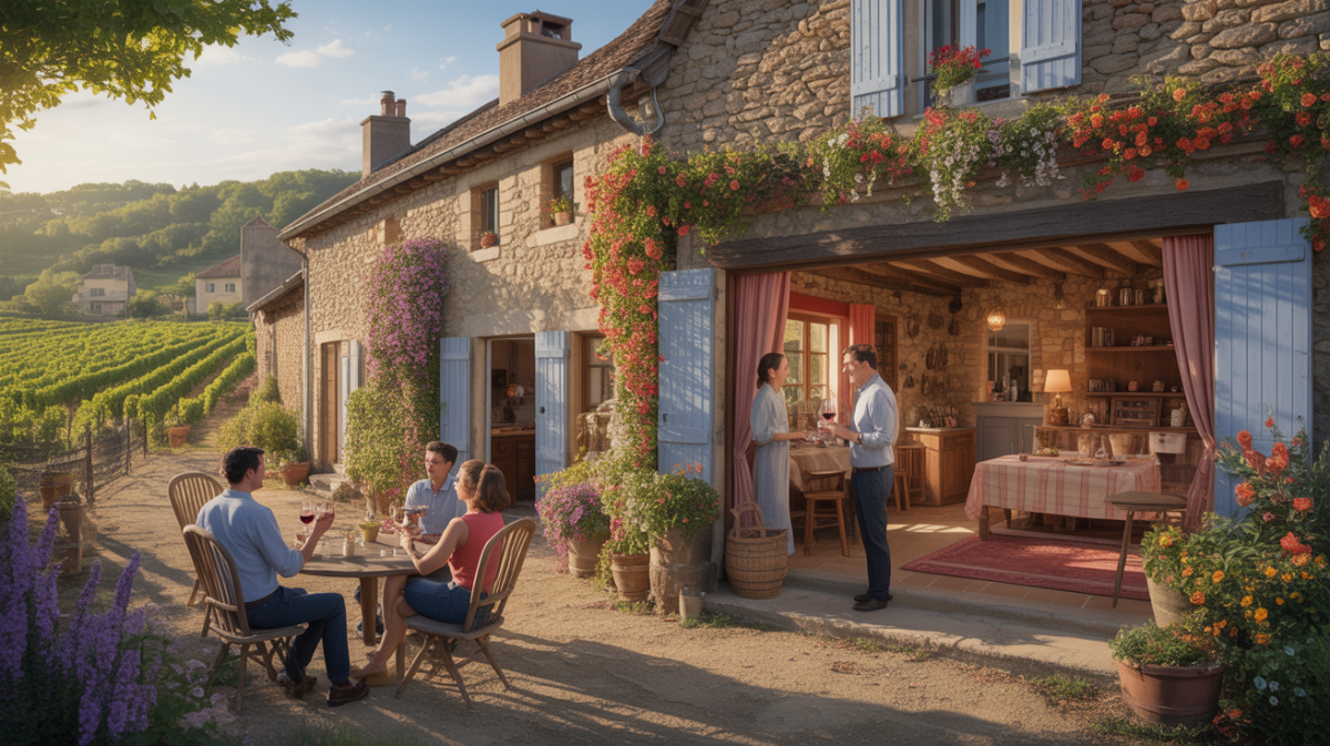 Comment trouver authenticité et quiétude en chambre d’hôtes ? Illustration of a quaint bed and breakfast nestled in a picturesque village, offering an authentic local experience.